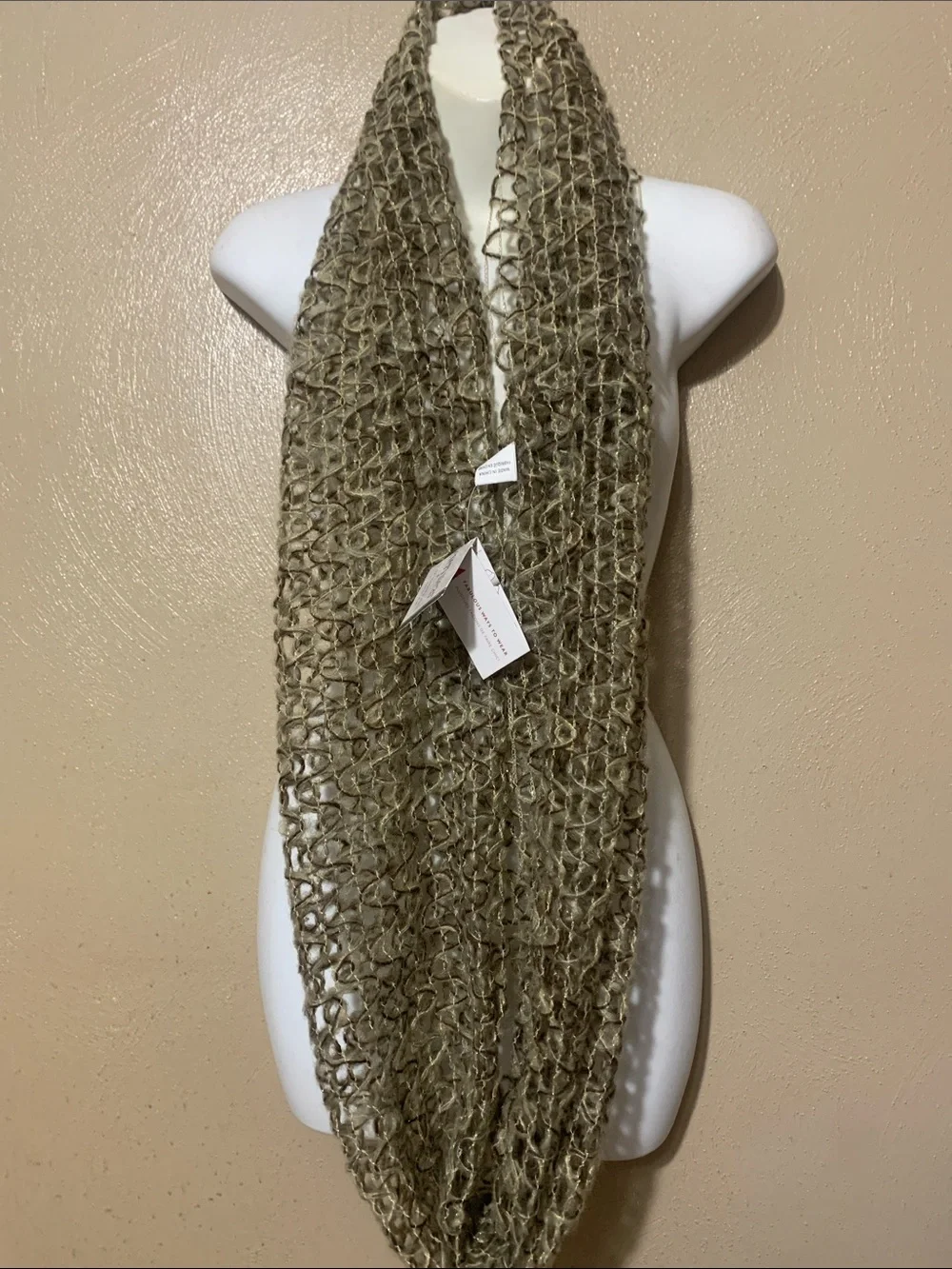 14. Everyday Infinity Scarf, Open-Weave Metallic Tan Loop Scarf NWT